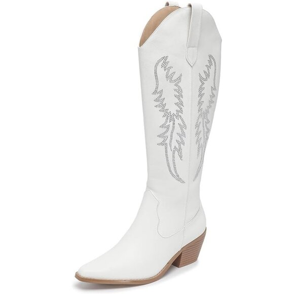 Women's White Cowboy Boots Pointed Toe Cowgirl Knee High Boot With Zipper - Picture 1 of 8